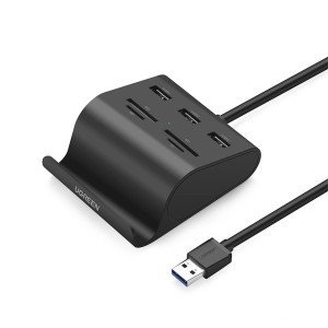Ugreen US156 5 az 1-ben adapter, USB HUB elosztó 3x USB 3.0 + kártyaolvasó (fekete)
