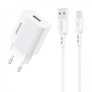 Vipfan E01 fali hálózati töltő adapter, 1x USB, 2,4A + USB-C kábel (fehér)