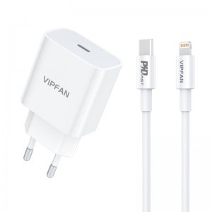Vipfan E04 fali hálózati töltő adapter, USB-C, 20W, QC 3.0 + Lightning kábel (fehér)